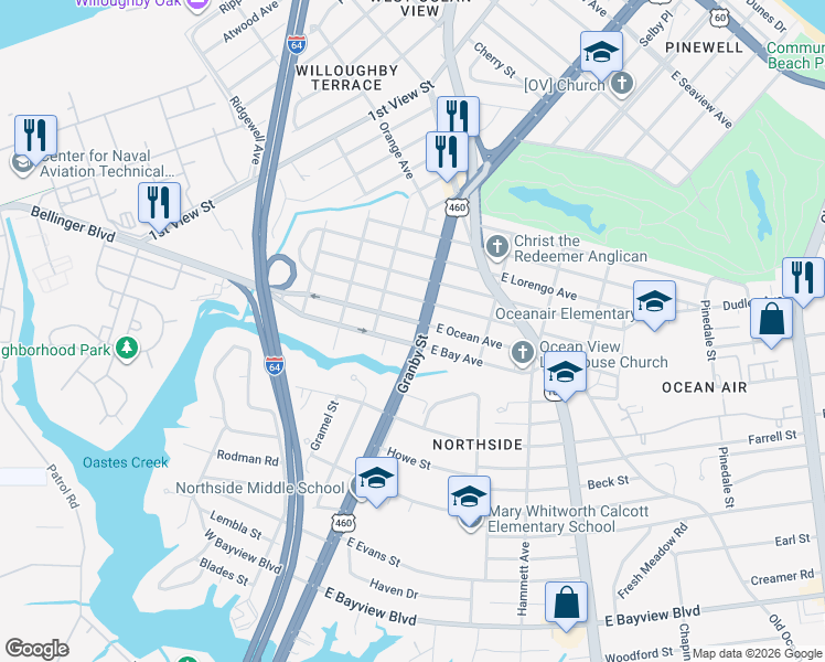 map of restaurants, bars, coffee shops, grocery stores, and more near 9014 Granby Street in Norfolk