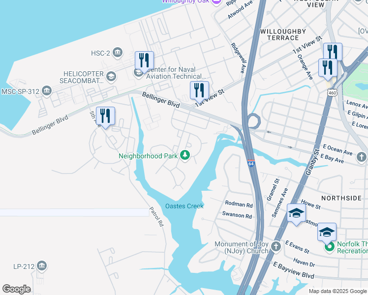 map of restaurants, bars, coffee shops, grocery stores, and more near 8713 Nipsic Lane in Norfolk