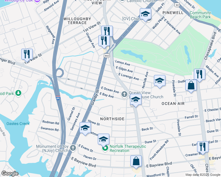 map of restaurants, bars, coffee shops, grocery stores, and more near 136 East Ocean Avenue in Norfolk