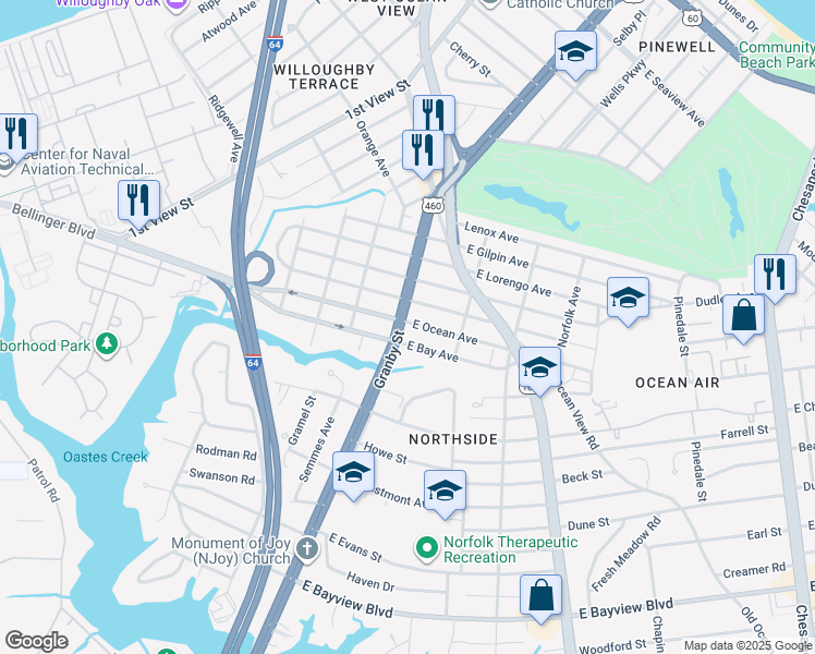 map of restaurants, bars, coffee shops, grocery stores, and more near 9014 Granby Street in Norfolk