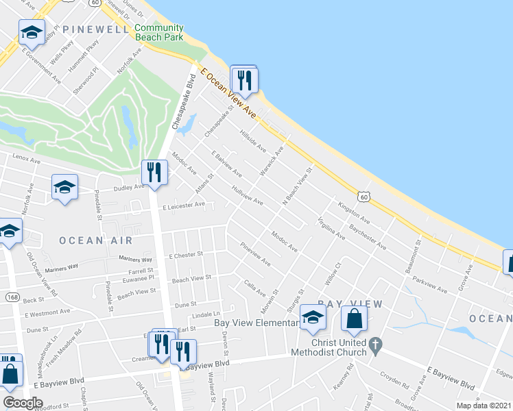 map of restaurants, bars, coffee shops, grocery stores, and more near 1217 Hullview Avenue in Norfolk