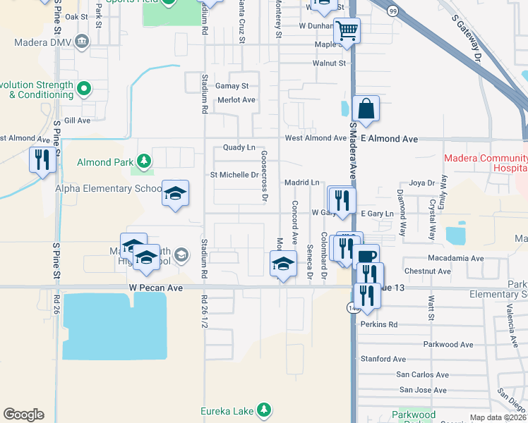 map of restaurants, bars, coffee shops, grocery stores, and more near 482 Ficklin Drive in Madera