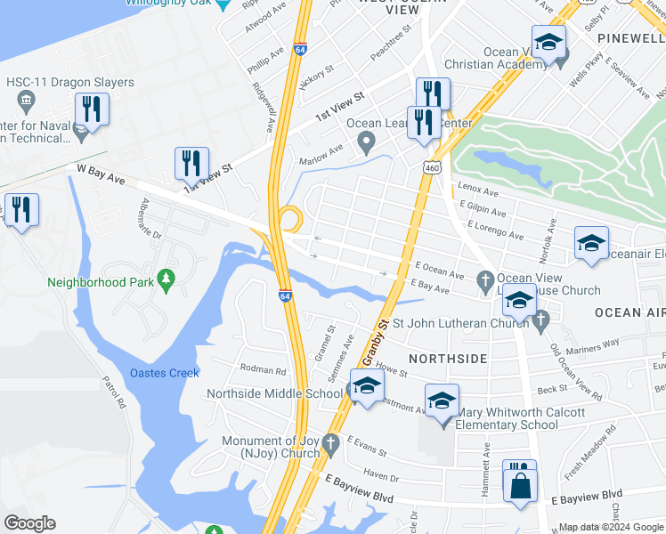map of restaurants, bars, coffee shops, grocery stores, and more near 8973 Saint George Avenue in Norfolk