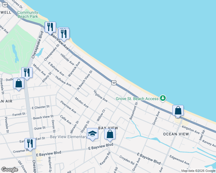 map of restaurants, bars, coffee shops, grocery stores, and more near 1374 Kingston Avenue in Norfolk