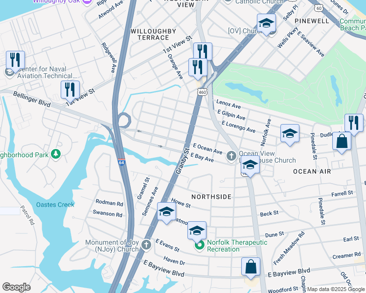 map of restaurants, bars, coffee shops, grocery stores, and more near 9014 Granby Street in Norfolk