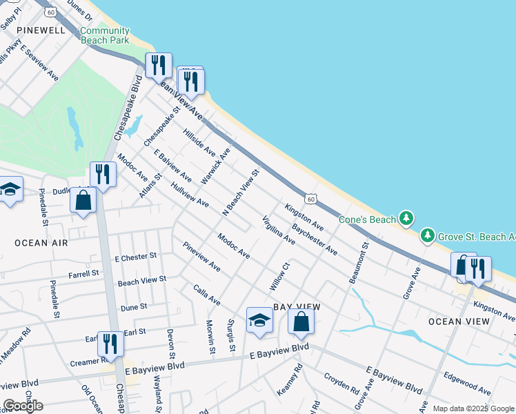 map of restaurants, bars, coffee shops, grocery stores, and more near 1328 Virgilina Avenue in Norfolk