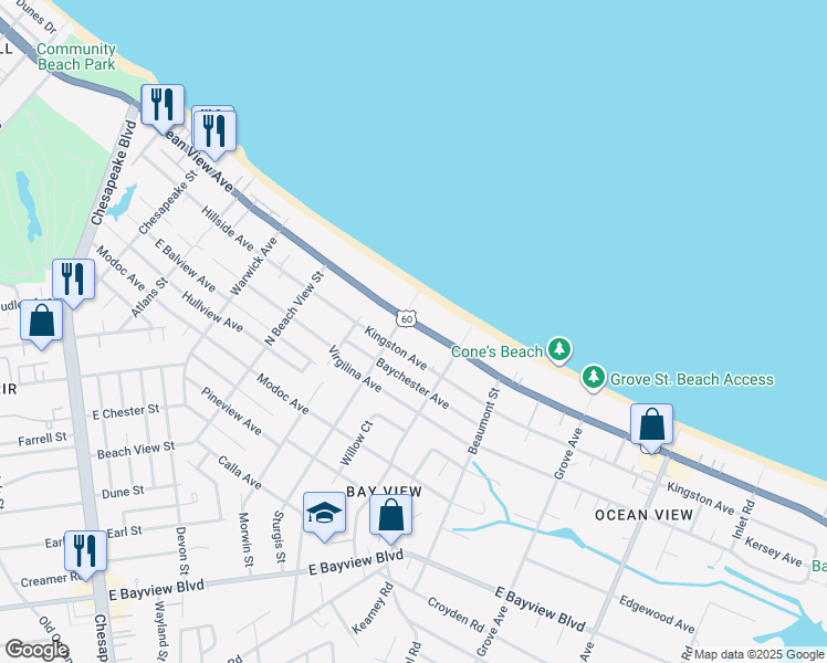 map of restaurants, bars, coffee shops, grocery stores, and more near 1415 East Ocean View Avenue in Norfolk