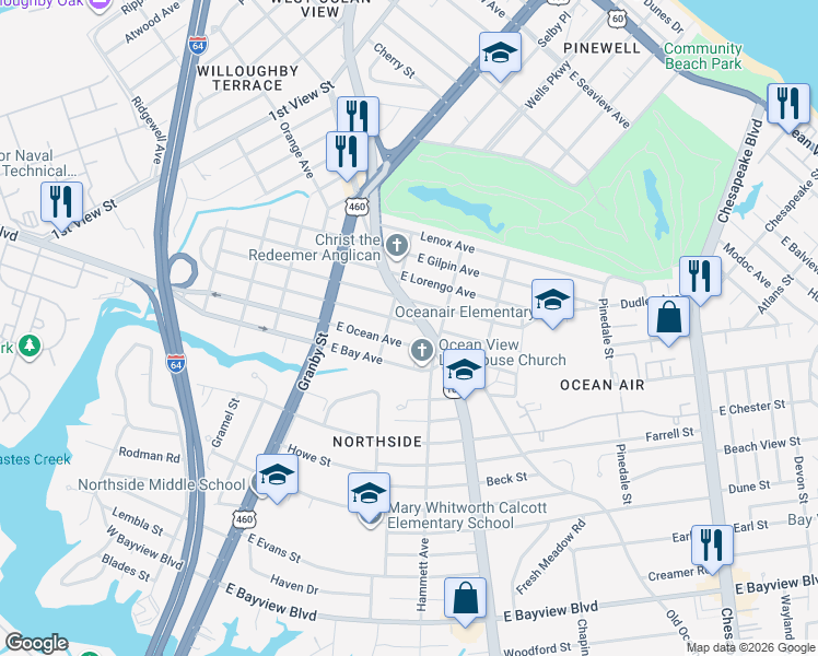map of restaurants, bars, coffee shops, grocery stores, and more near 219 East Leicester Avenue in Norfolk