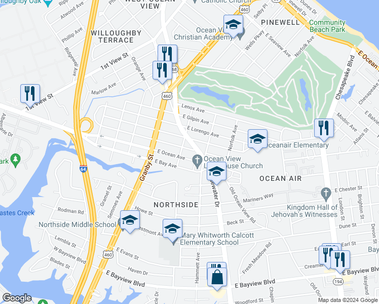 map of restaurants, bars, coffee shops, grocery stores, and more near 215 East Leicester Avenue in Norfolk