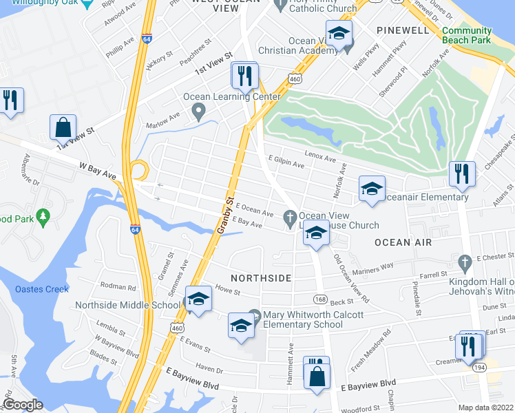 map of restaurants, bars, coffee shops, grocery stores, and more near 136 East Ocean Avenue in Norfolk
