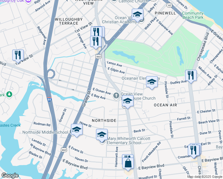 map of restaurants, bars, coffee shops, grocery stores, and more near 215 East Leicester Avenue in Norfolk