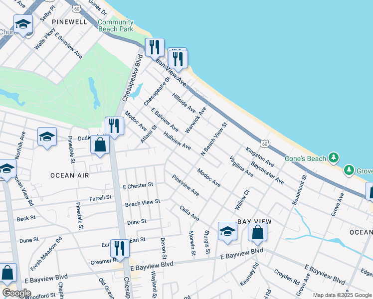 map of restaurants, bars, coffee shops, grocery stores, and more near 1217 Hullview Avenue in Norfolk