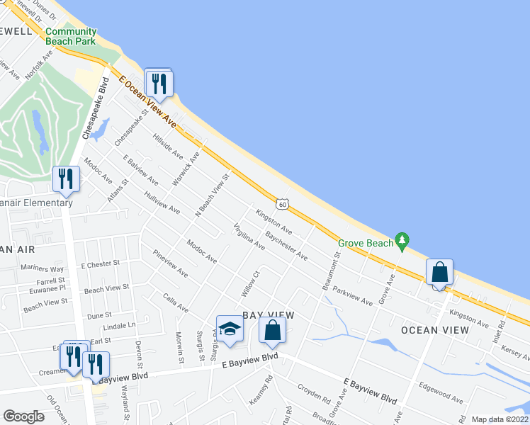 map of restaurants, bars, coffee shops, grocery stores, and more near 1372 Kingston Avenue in Norfolk