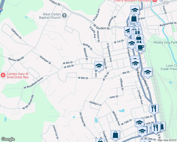 map of restaurants, bars, coffee shops, grocery stores, and more near 900 1/2 Crest Street in Corbin