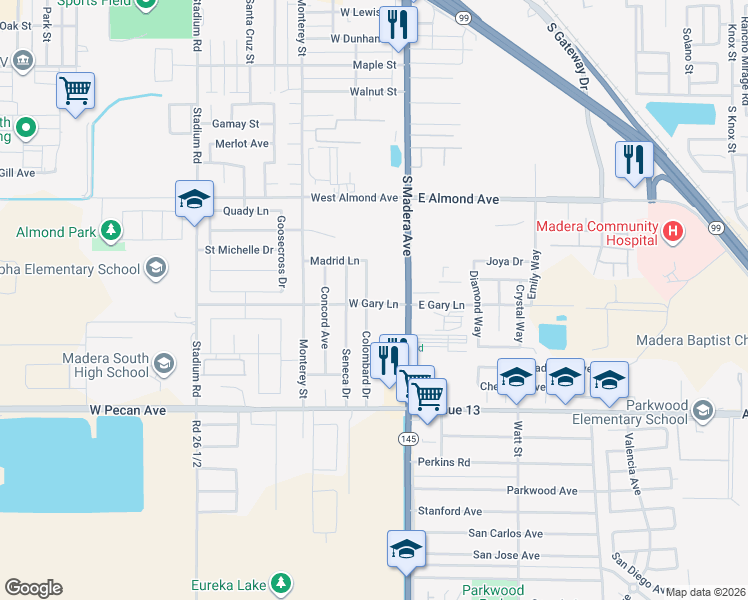 map of restaurants, bars, coffee shops, grocery stores, and more near 1191 Colombard Drive in Madera