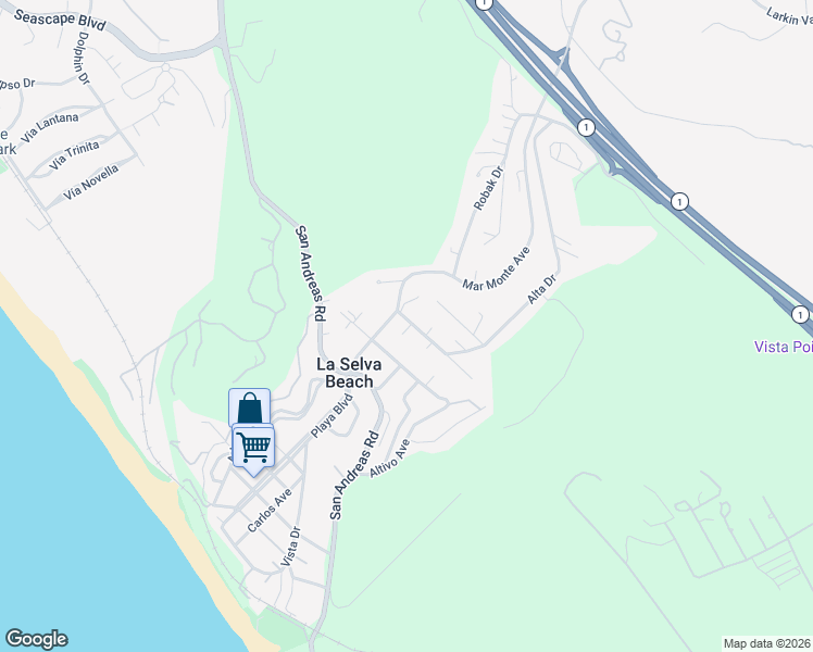 map of restaurants, bars, coffee shops, grocery stores, and more near 207 Alta Drive in La Selva Beach