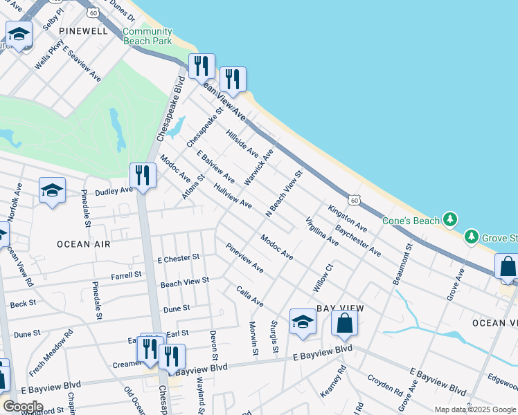 map of restaurants, bars, coffee shops, grocery stores, and more near 1230 Hullview Avenue in Norfolk
