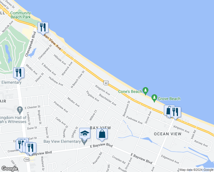 map of restaurants, bars, coffee shops, grocery stores, and more near 1407 East Ocean View Avenue in Norfolk