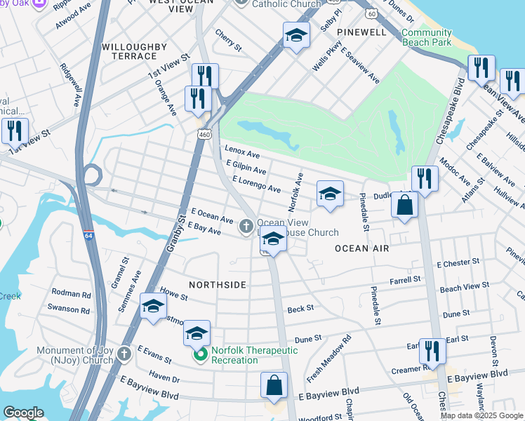 map of restaurants, bars, coffee shops, grocery stores, and more near 9100 Hammett Avenue in Norfolk