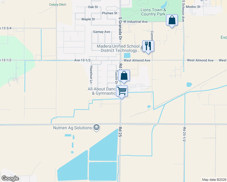 map of restaurants, bars, coffee shops, grocery stores, and more near 2642 Cherry Tree Drive in Madera