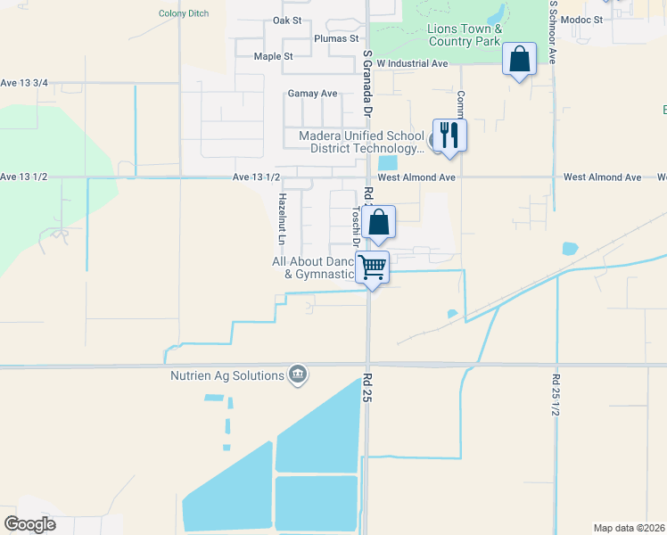 map of restaurants, bars, coffee shops, grocery stores, and more near 2786 Cherry Tree Lane in Madera