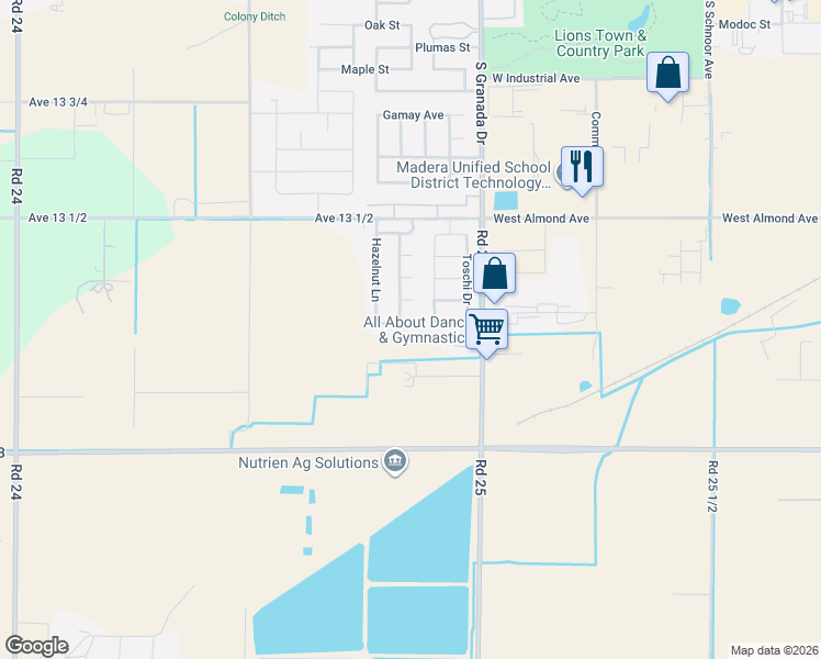 map of restaurants, bars, coffee shops, grocery stores, and more near 2786 Cherry Tree Lane in Madera