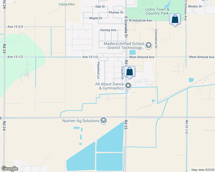 map of restaurants, bars, coffee shops, grocery stores, and more near 2786 Cherry Tree Lane in Madera