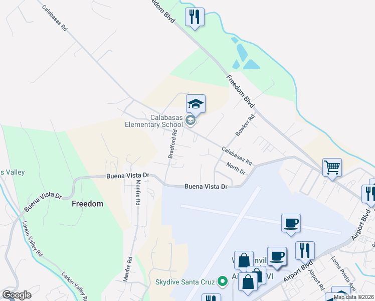 map of restaurants, bars, coffee shops, grocery stores, and more near 106 Pauline Drive in Watsonville