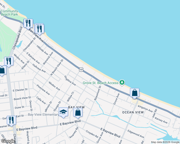 map of restaurants, bars, coffee shops, grocery stores, and more near 1428 East Ocean View Avenue in Norfolk