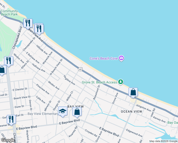map of restaurants, bars, coffee shops, grocery stores, and more near 1428 East Ocean View Avenue in Norfolk