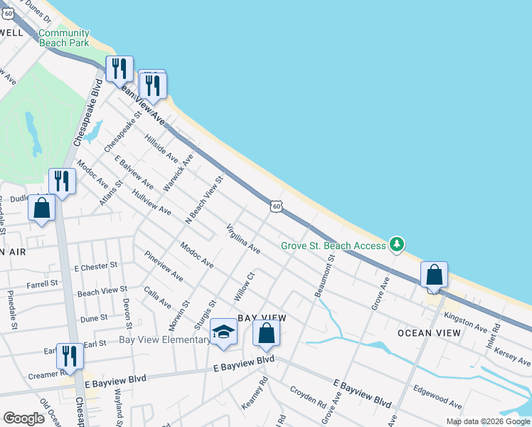 map of restaurants, bars, coffee shops, grocery stores, and more near in Norfolk