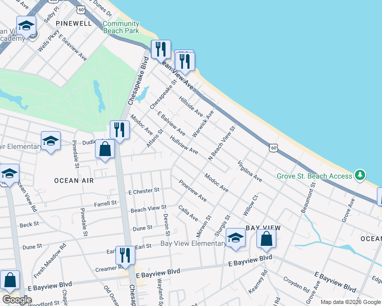 map of restaurants, bars, coffee shops, grocery stores, and more near 1221 Hullview Avenue in Norfolk