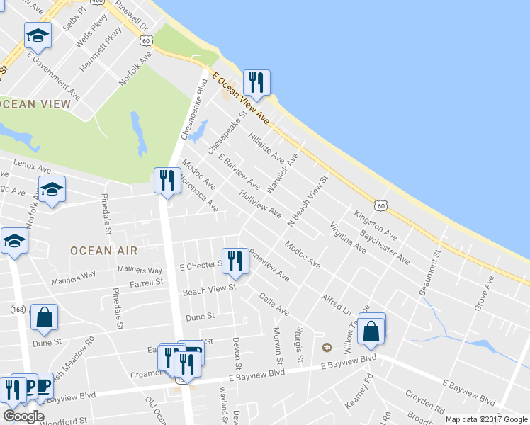 map of restaurants, bars, coffee shops, grocery stores, and more near 1221 Hullview Avenue in Norfolk