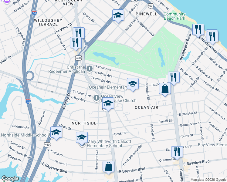 map of restaurants, bars, coffee shops, grocery stores, and more near 333 East Randall Avenue in Norfolk