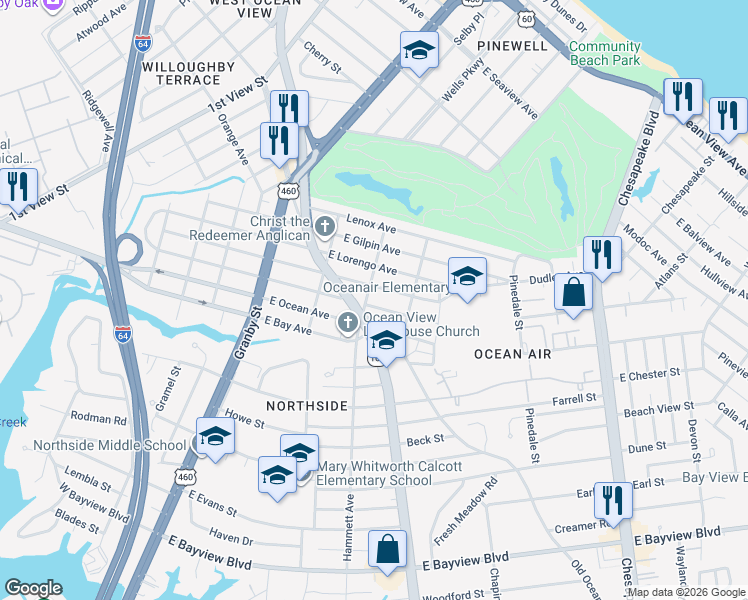 map of restaurants, bars, coffee shops, grocery stores, and more near 9100 Hammett Avenue in Norfolk
