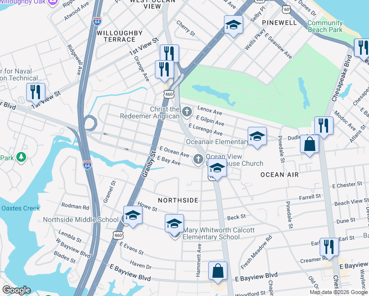 map of restaurants, bars, coffee shops, grocery stores, and more near 219 East Leicester Avenue in Norfolk