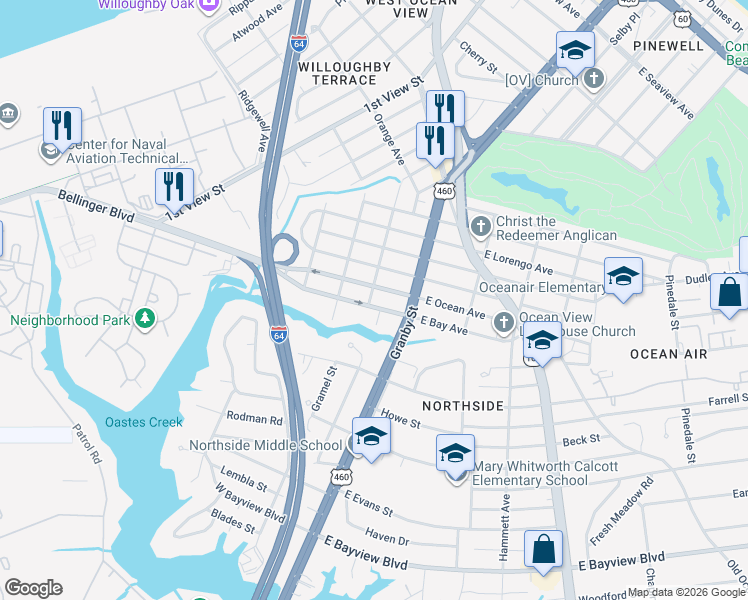 map of restaurants, bars, coffee shops, grocery stores, and more near 118 West Bay Avenue in Norfolk