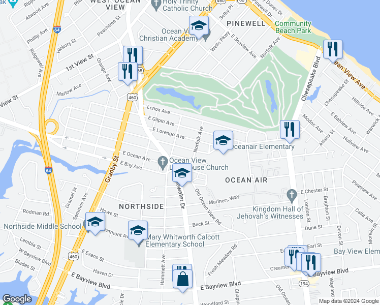 map of restaurants, bars, coffee shops, grocery stores, and more near 333 East Randall Avenue in Norfolk
