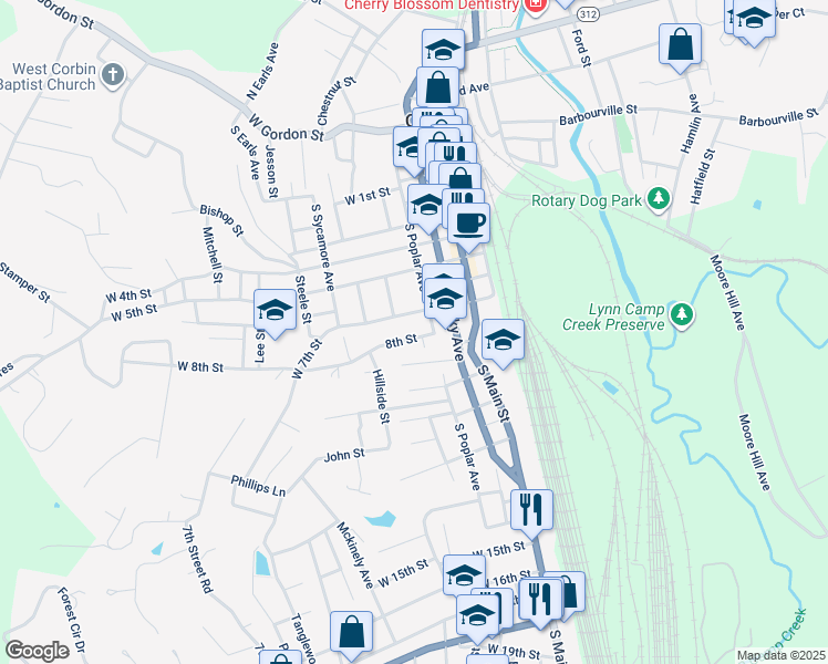 map of restaurants, bars, coffee shops, grocery stores, and more near 304 West 8th Street in Corbin
