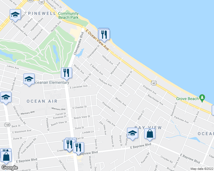 map of restaurants, bars, coffee shops, grocery stores, and more near 1209 Hullview Avenue in Norfolk