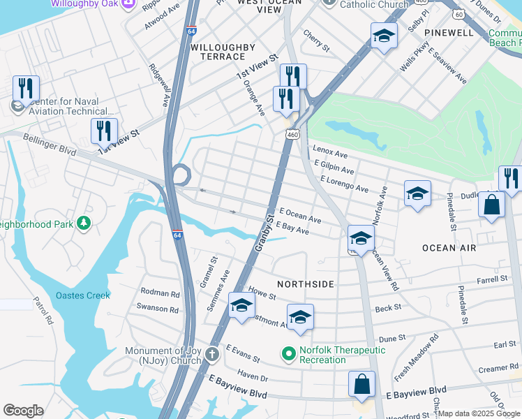 map of restaurants, bars, coffee shops, grocery stores, and more near 118 West Bay Avenue in Norfolk
