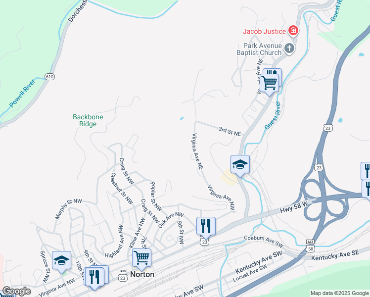 map of restaurants, bars, coffee shops, grocery stores, and more near 280 Virginia Avenue Northeast in Norton