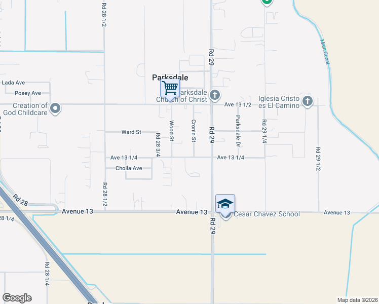 map of restaurants, bars, coffee shops, grocery stores, and more near 13324 Cronin Street in Madera