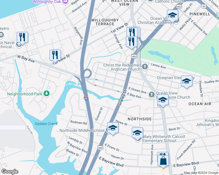 map of restaurants, bars, coffee shops, grocery stores, and more near 140 West Bay Avenue in Norfolk