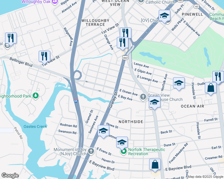 map of restaurants, bars, coffee shops, grocery stores, and more near 105 West Ocean Avenue in Norfolk