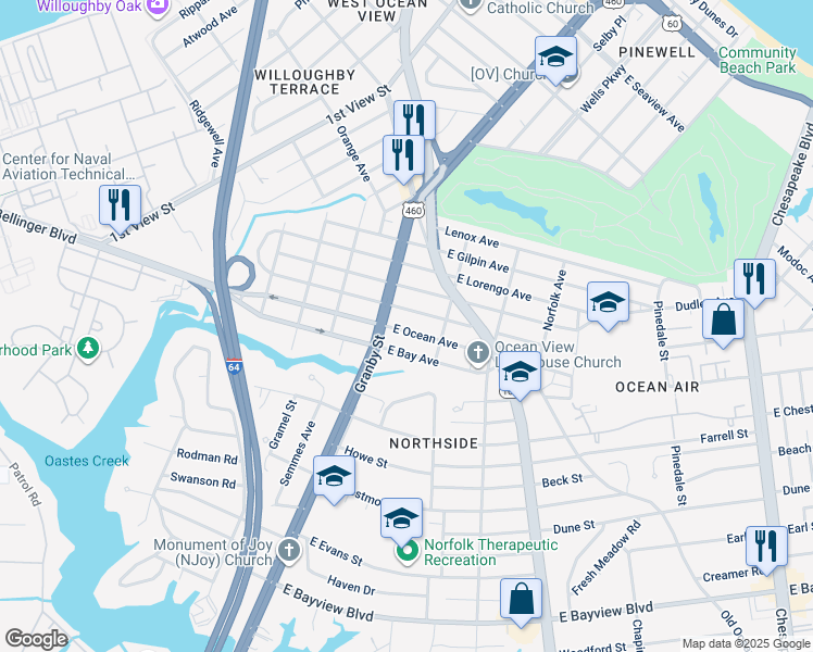 map of restaurants, bars, coffee shops, grocery stores, and more near 116 East Ocean Avenue in Norfolk