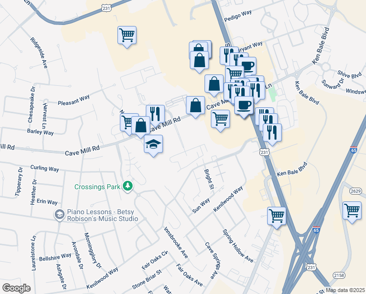 map of restaurants, bars, coffee shops, grocery stores, and more near 2370 Cave Mill Station Boulevard in Bowling Green