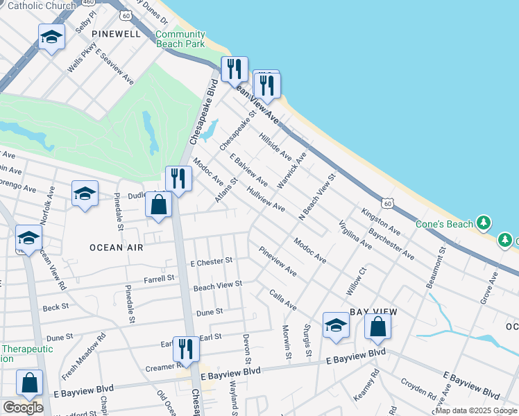 map of restaurants, bars, coffee shops, grocery stores, and more near 1152 Modoc Avenue in Norfolk