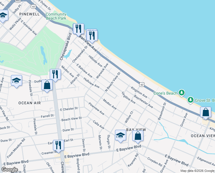 map of restaurants, bars, coffee shops, grocery stores, and more near 1300 North Beach View Street in Norfolk