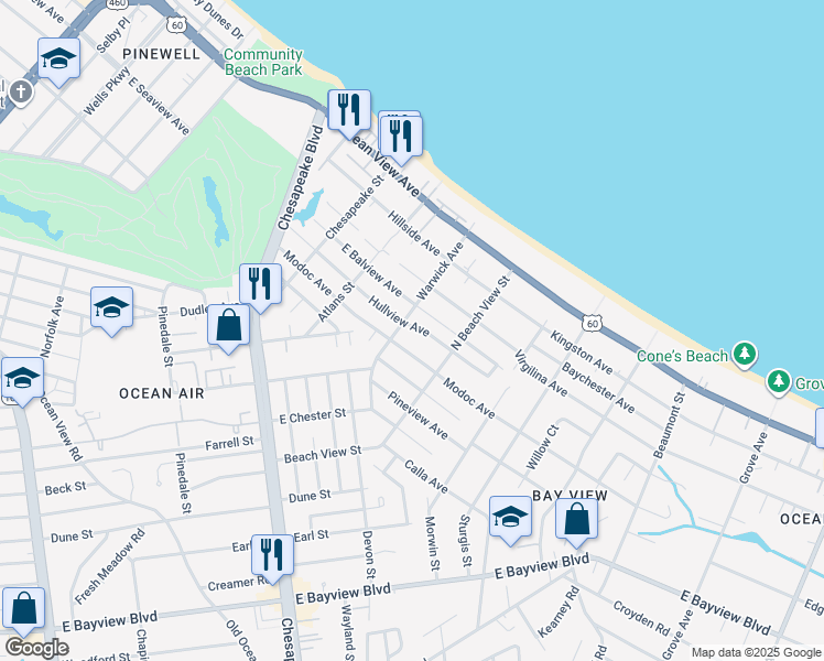 map of restaurants, bars, coffee shops, grocery stores, and more near 1221 Hullview Avenue in Norfolk